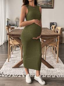 SHEIN Vestido casual de embarazo de unicolor con cuello redondo y ajustado - Verde militar - Ver 4