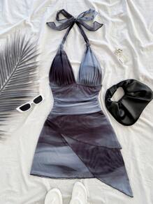 Soleia 性感复古渐变色露背 V 领网眼褶皱不对称下摆浪漫迷你假日连衣裙，女士夏季春季海滩装 - 灰色 - 查看 6