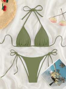 SHEIN Swim Bikini de un solo color para primavera - Verde militar - Ver 2