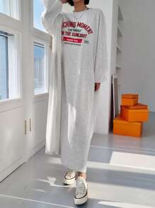 DAZY 宽松长袖字母印花连衣裙，女士休闲开叉长袖圆领修身短款灰色棉质落肩字母，标语 T 恤女式短裙，春/秋，休闲日常穿着 - 灰色 - 查看 6