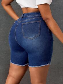 SHEIN SXY Plus Size Women Elastic Blue Denim Drawstring Ripped Biker Pants - Blue - View 3