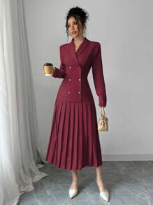 Elenzga 女士优雅通勤翻领双排扣收腰褶边长袖长裙，春/秋/冬长款女装