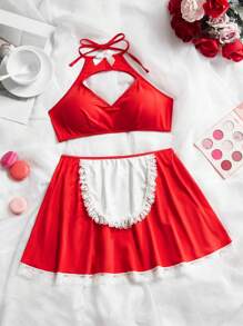 Set Atasan dan Rok Model Halter Neck Warna Polos untuk Remaja Perempuan (2 Potongan: Atasan dan Rok) - Merah - View 1