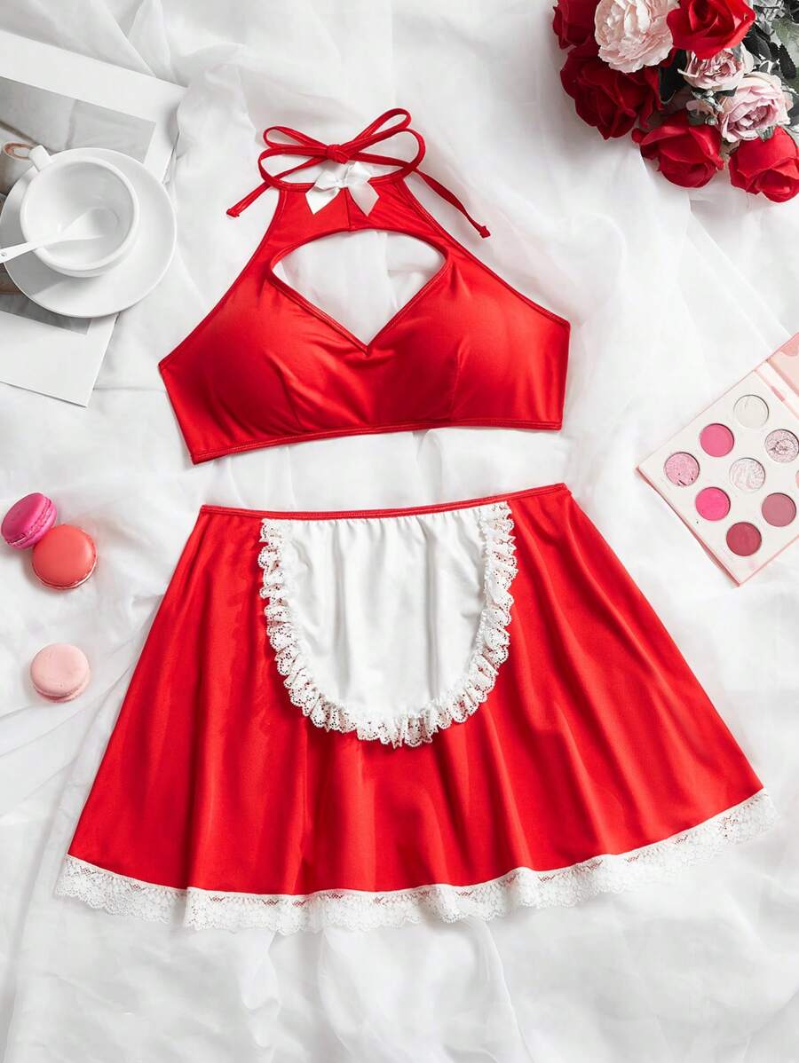 Set Atasan dan Rok Model Halter Neck Warna Polos untuk Remaja Perempuan (2 Potongan: Atasan dan Rok) - Merah - View 1
