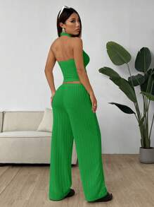 SHEIN EZwear Conjunto deportivo informal de punto verde para mujer - Verde - Ver 2