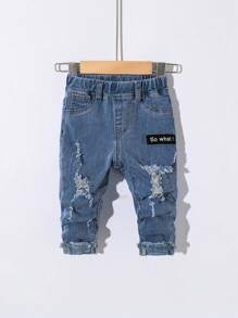 SHEIN Vaqueros azules desgastados y rotos con parches decorativos suaves para bebés, ropa de primavera/verano para bebés - Lavado ligero - Ver 1