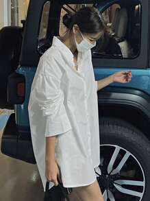 DAZY 女士纯色长袖衬衫，商务休闲风格 - 白色 - 查看 9