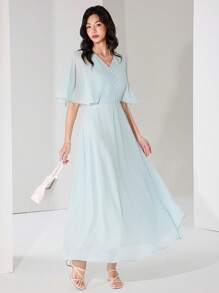 Heiryn Vestido largo elegante de unicolor con parches de malla y volantes en el bajo - Azul menta - Ver 6