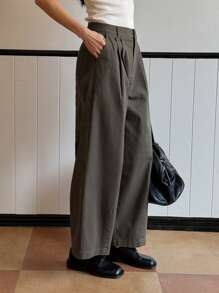 DAZY Women Solid Color Loose Pocket Pleated Ankle Length Pants - Grey - View 3