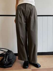 DAZY Women Solid Color Loose Pocket Pleated Ankle Length Pants - Grey - View 4