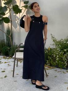 DAZY 1 Stück Damen Midi-Kleid mit verstellbaren Trägern und einfarbigem Design, Sommerkleid, Herbstmode