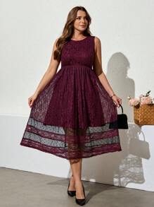 SHEIN Clasi Vestido Elegante Plus Size com Recortes Coloridos em Renda, Vestido para Convidada de Casamento, Vestido de Formatura Branco, Looks de Férias para Mulheres, Looks de Rave, Looks de Festival, Looks de Verão para Mulheres, Looks de Primavera para Mulheres, Vestido de Páscoa para Mulheres, Vestidos de Verão para Mulheres, Looks de Férias para Mulheres, Vestido de Formatura, Vestidos Soltos para Mulheres, Vestidos Elegantes para Mulheres, Dia das Mães, 4 de Julho, Vestido de Formatura, Looks de Brunch para Mulheres - Violeta - Visão 5