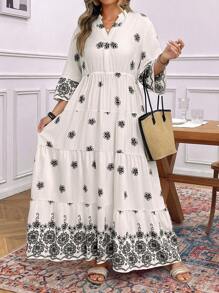 SHEIN LUNE Vestido de encaje con cuello en V y estampado floral con ubicación, de talla grande, de SHEINLUNE - Blanco y Negro - Ver 3