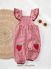 Cozy Pixies Baby Girl Strawberry Print Square Collar Ruffle Trim Jumpsuit