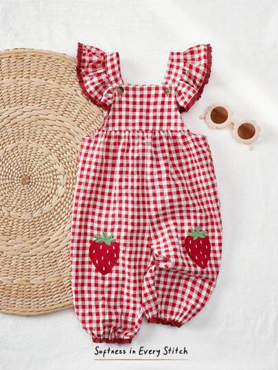 Cozy Pixies Baby Girl Strawberry Print Square Collar Ruffle Trim Jumpsuit