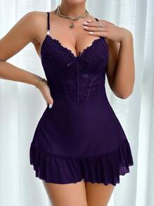 2pcs/Set Fishbone Waistline Design Lace Cami Nightgown And Wide Sleeve Floral Lace Trim Mesh Robe