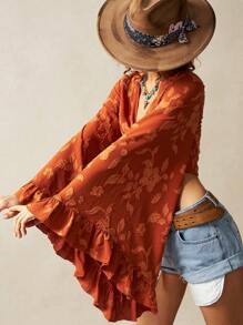 Bohemela 波西米亚风格镂空编织喇叭袖荷叶边下摆前系带女式衬衫 - 橘色 - 查看 6
