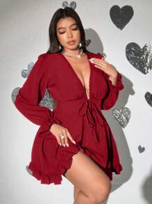 Viva Relle Plus Size Sexy Deep V-Neck Tie Front Ruffle Trim Dress,Valentine - Red - View 5