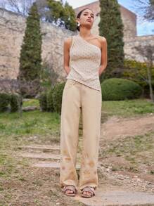 Maija 女式花卉刺绣低腰直筒牛仔裤 - 杏色 - 查看 2