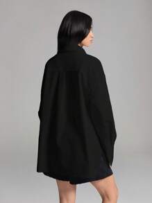 LYSMO 休闲纯色长款宽松超大号带肩带女式衬衫 - 黑色 - 查看 2