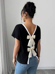 Elenzga Women's Round Neck Short Sleeve Casual T-Shirt With Bow Decor On Back