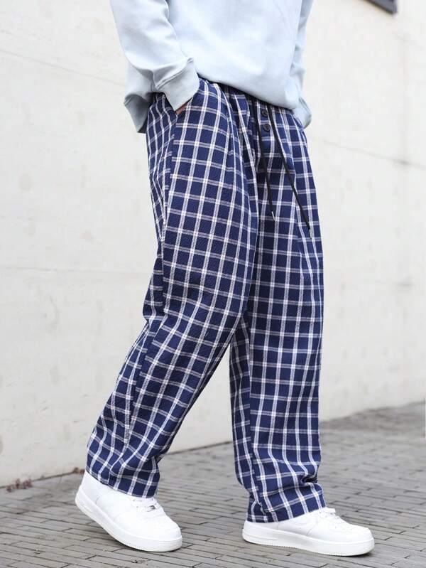 Manfinity Hypemode Men's Front Button Plaid Simple Casual Long Pants, For Everyday Wear