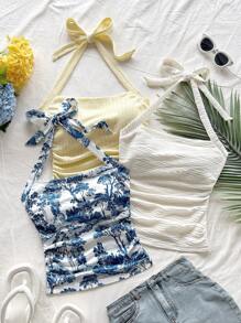 Soleia Multicolor New Elegant Vacation Casual Knit Texture Printed Spaghetti Strap Tie Back Camisole Top,Spring Break, Saint Patrick,Easter Women,Concert Women,Elegant,Vacation,Business Casual Woman ,Western,Cute,Boho,Country ,Modest,Streetwear,Tropical,Gyaru, Floral,Backless - Multicolor - View 4