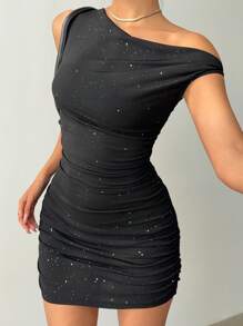 SHEIN EZwear 1 chiếc váy bó sát cổ lệch màu đen cho nữ, thời trang - màu đen - Xem 3