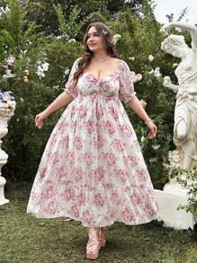 Flirla Plus Size Women Summer Floral Print Front Drawstring Short Sleeve Elegant Dress For Spring - Multicolor - View 1
