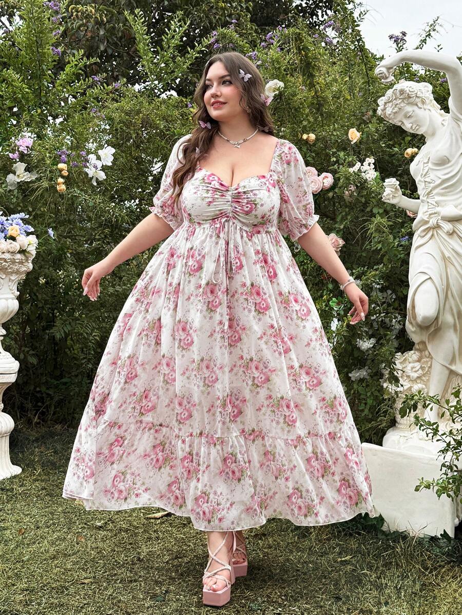 Flirla Plus Size Women Summer Floral Print Front Drawstring Short Sleeve Elegant Dress For Spring - Multicolor - View 1
