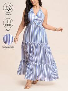 SHEIN LUNE Plus Size Women Boho SummerLight And Breathable Halter Blue Striped Maxi Dress Sundress