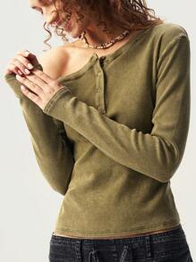 Bohemela BOHO Solid Color Asymmetrical Shoulder Long Sleeve Slim Fit Women T-Shirt