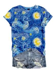 SHEIN LUNE Casual Minimalist Oil Painting Starry Sky Print Round Neck Loose Fit Women Short Sleeve T-Shirt,Sz2501101609636785 - White - View 1