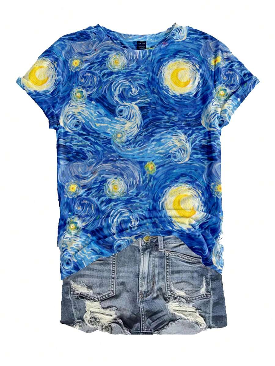 SHEIN LUNE Casual Minimalist Oil Painting Starry Sky Print Round Neck Loose Fit Women Short Sleeve T-Shirt,Sz2501101609636785 - White - View 1
