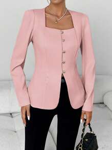 SHEIN Clasi Women's Elegant Solid Color Casual/Office Trapezium Collar Long Sleeve Shirt With Metal Buttons, A-Line Cut, Apricot Color, Spring/Autumn/Winter - Pink - View 5