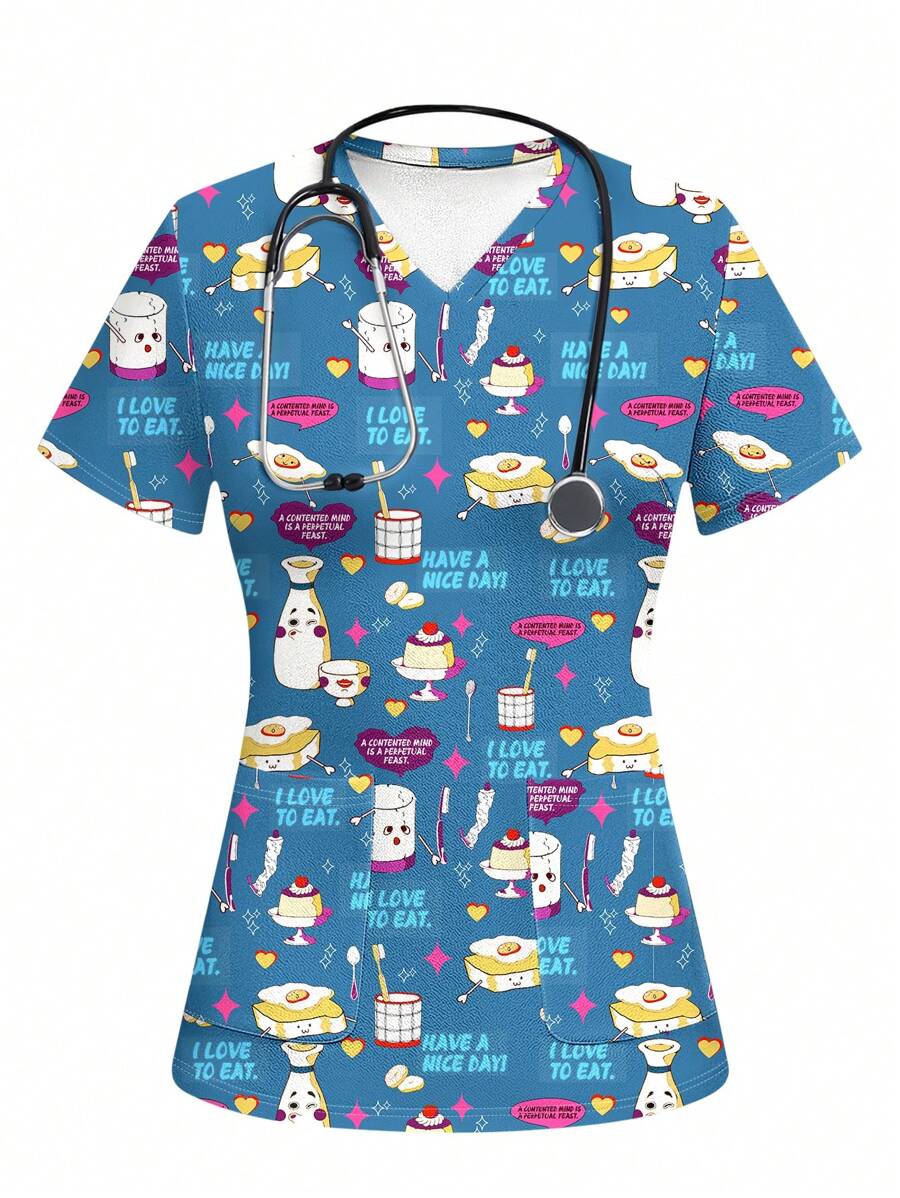 PopScrub Cartoon Pattern Toothbrush Cup Bottle Food Decorative Prints, Women's Nurse/ Scrub Uniform Tops - Multicolor - View 1