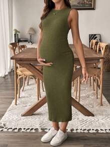 SHEIN Vestido casual de embarazo de unicolor con cuello redondo y ajustado - Verde militar - Ver 3