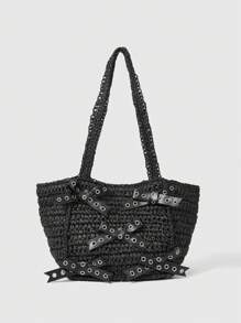 ROMWE Goth 哥特式女式单肩包，草编，万圣节包，非常适合搭配万圣节服装的化装派对 - 黑色 - 查看 1