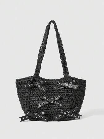 Goth Bolso de hombro de estilo gótico para mujer, tejido de paja, perfecto para Halloween, bolsos de Halloween ideales para fiestas de disfraces que combinan con los trajes de Halloween