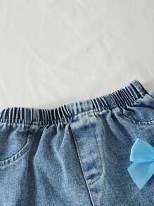 2pcs/Set Girls Summer Casual Outfit, Includes Cute Bowknot Solid Color T-Shirt And Lightweight Comfy Denim Pants, Fashionable Young Girl Suit - Blue - View 3