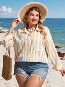 SHEIN VCAY Plus Size Resort Island Casual Yellow & White Striped Print Pocket Front Loose Shirt,Autumn Holiday Beach Summer Women Boho Vacation Hippie Western - Yellow - View 5