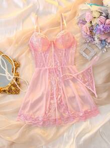 女士花卉蕾丝拼接性感细肩带睡袍 - 淺粉色 - 查看 6