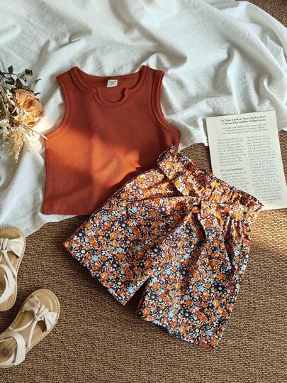 Vintaside Kids Young Girl Summer Brick Red Casual Versatile Street Style Ribbed Knit Digital Print Fabric Sleeveless Round Neck Tank Top & Elastic Waist Loose Shorts Outfit With Belt, Suitable For & Casual Shopping Summer Holiday