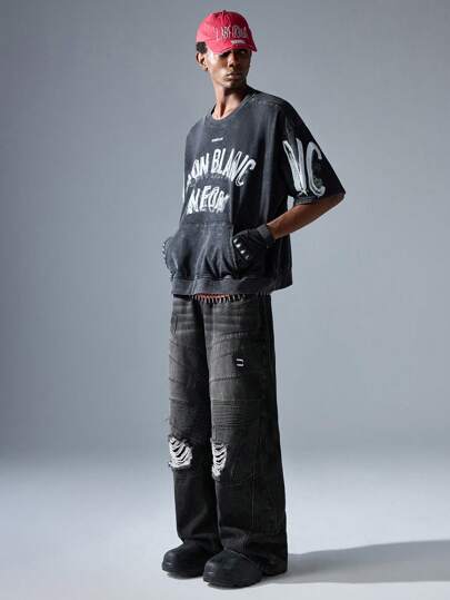 NEON BLANC Pantalones vaqueros largos de mezclilla de unicolor con bolsillo con cremallera y rotos para hombre