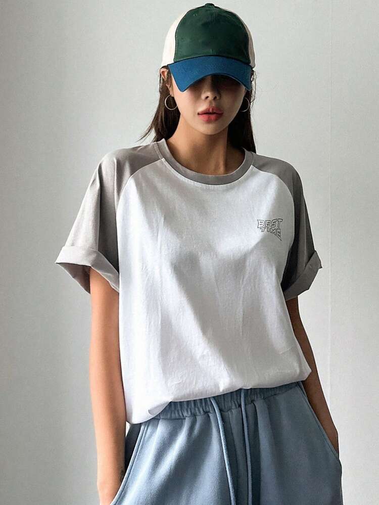 Women's Summer Round Neck Contrast Color Raglan Sleeve Letter Print Casual Street Style Loose Short Sleeve T-Shirt
