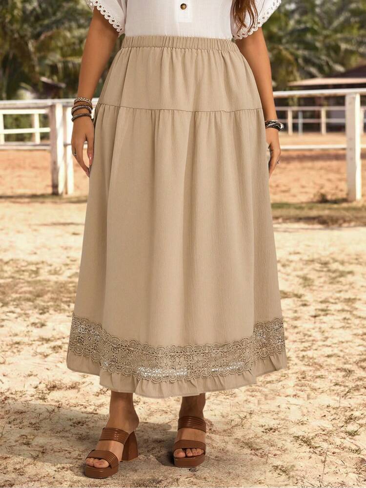 Plus Size Women Summer Solid Color Elastic Waist Long Lace Patchwork Skirt, Fashionable & Simple Khaki Skirt ,Casual Everyday Wear,Summer Outfits For Women,Vacation Outfits Woman,Western Wear Women