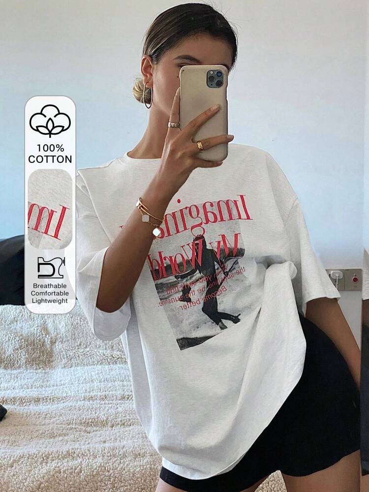 Loose Short Sleeve Round Neck Women's T-Shirt With Letter Print Summer Graphic Tee Oversized T-Shirt Preppy Tops