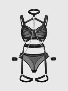ROMWE Grunge Punk Gothic Punk Metalen Ketting Beugel Bustier, Kousenband en G-String 3-delige Sexy Lingerie Set