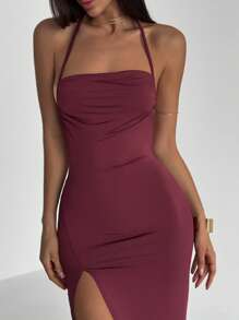 Aloruh Women's Solid Color Ruched Side Slit Backless Dress Summer Summer Outfits Summer Clothes Beach Outfits For Woman  Beach Vacation Vacation Outfits Woman Boho  Tropical Vacation Woman Clothe