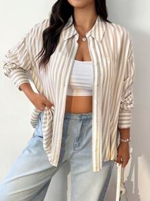 SHEIN EZwear 大码条纹印花露背休闲长袖衬衫 - 杏色 - 查看 5